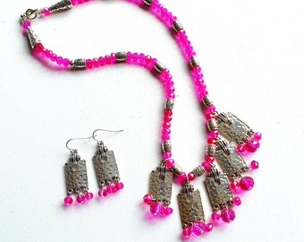 Hot pink & silver charm necklace earrings set,  Dark pink boho jewelry set, Birthday gift for her