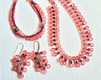 Dusky pink glass bead necklace bracelet earrings set, Pale pink choker, Cluster earrings, Pale pink 2 strand bracelet, Unique gift for her