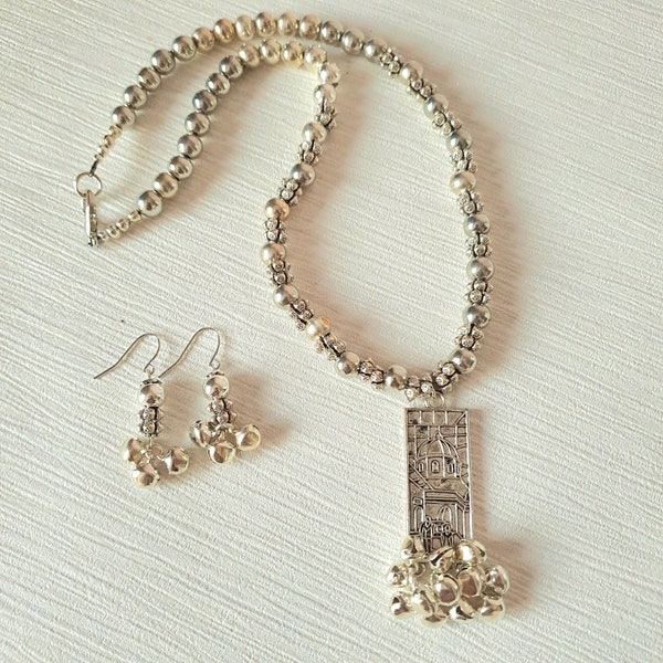 Antique silver bead necklace earrings with Jingle bell pendant, rectangular, Birthday gift for her