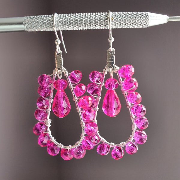 Hot pink bead hoop earrings, Teardrop, Dark pink, Gift for girlfriend, chandelier