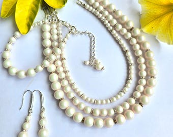 Ivory Pearl Jewellery Set - 3 Strand Necklace, Bracelet & Drop Earrings