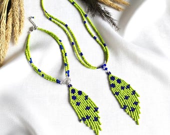 Green & Blue beaded necklace with fringe pendant – Choose Choker or Long Necklace
