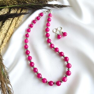 Hot Pink Agate Necklace Set | Sterling Silver Earrings - Gemstone Jewellery