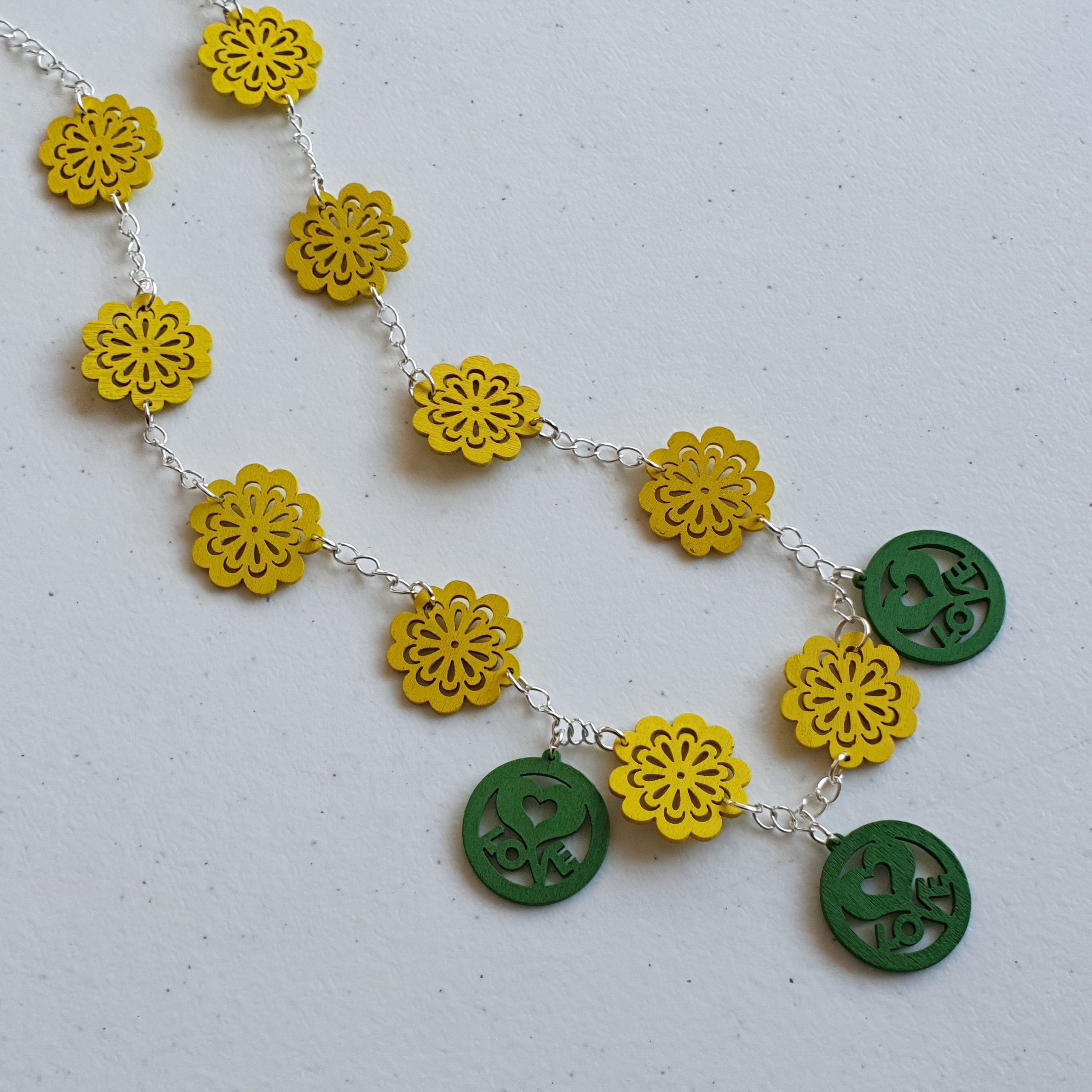 Green and yellow wooden jewellery setWooden flower necklace Etsy