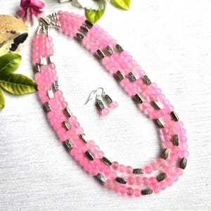 Pink Frosted Bead Necklace Earrings Set: 3-Strand Silver Accents
