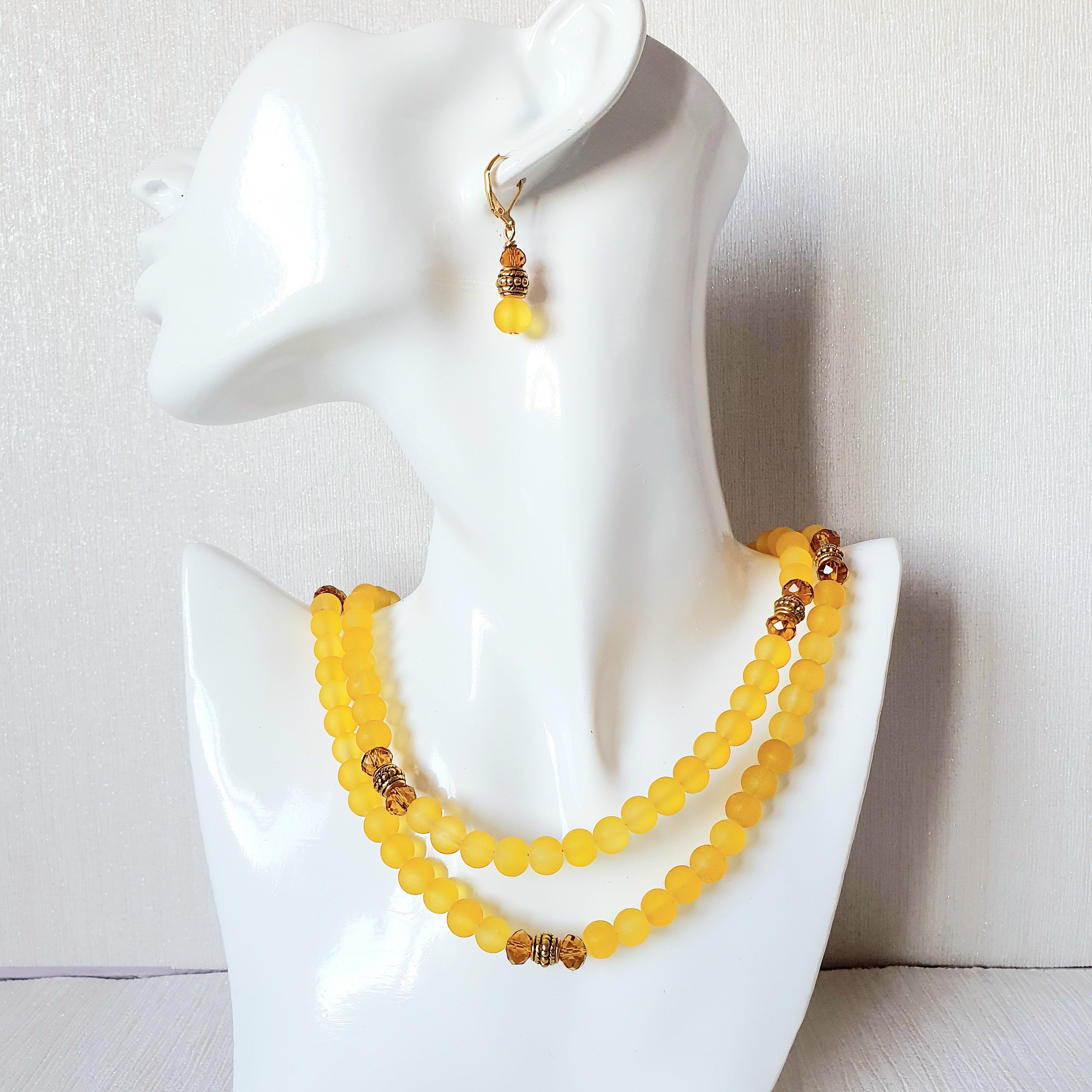 Mustard Yellow Long Necklace Yellow Frosted Glass Bead Etsy UK