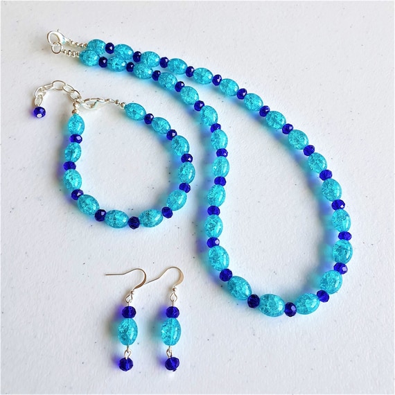 Aqua Blue Royal Blue Necklace Bracelet Earrings Set Blue