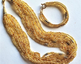 Golden yellow Necklace bracelet set, Golden yellow seedbeads jewellery set, Gift for her, Multistrand necklace,3 strand bracelet