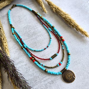 Turquoise blue & Red Beaded Multi-Strand Necklace with Bronze Pendant | Layered Boho Jewelry 16&#39;&#39;–20.5&#39;&#39;