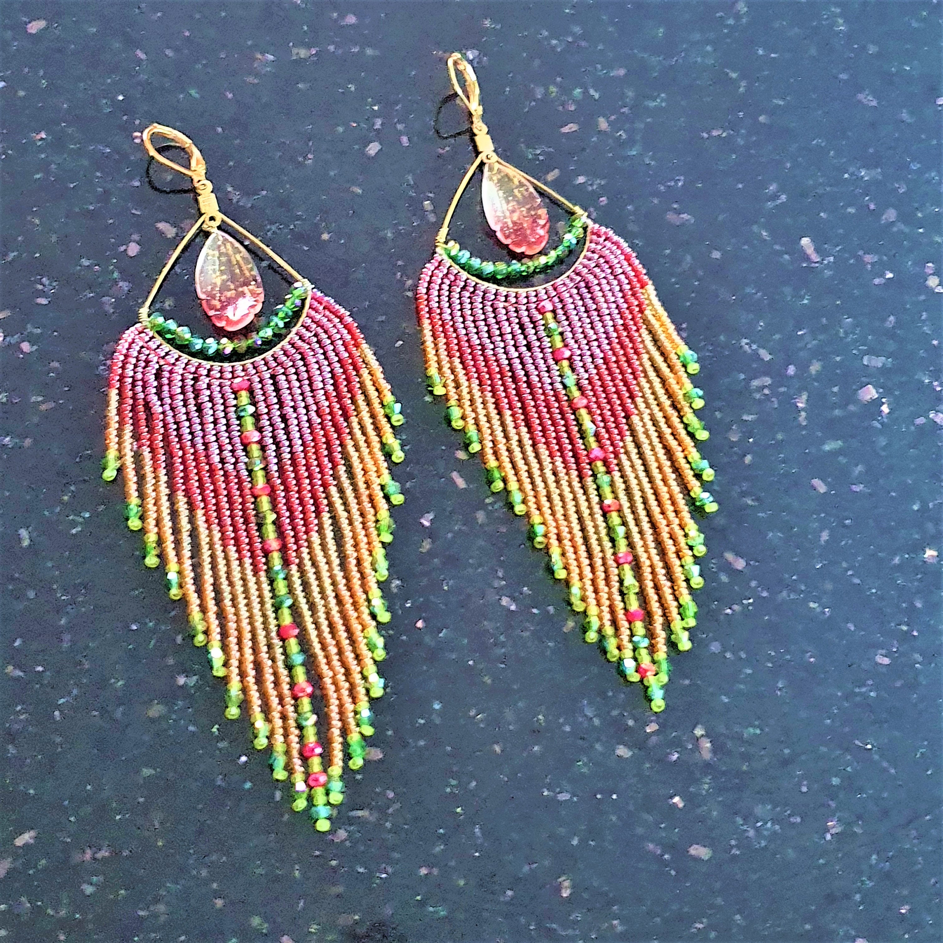 Red Green Orange Chandelier Earrings, Seedbead Long Fringe Earrings, Hoop Earrings, Earrings