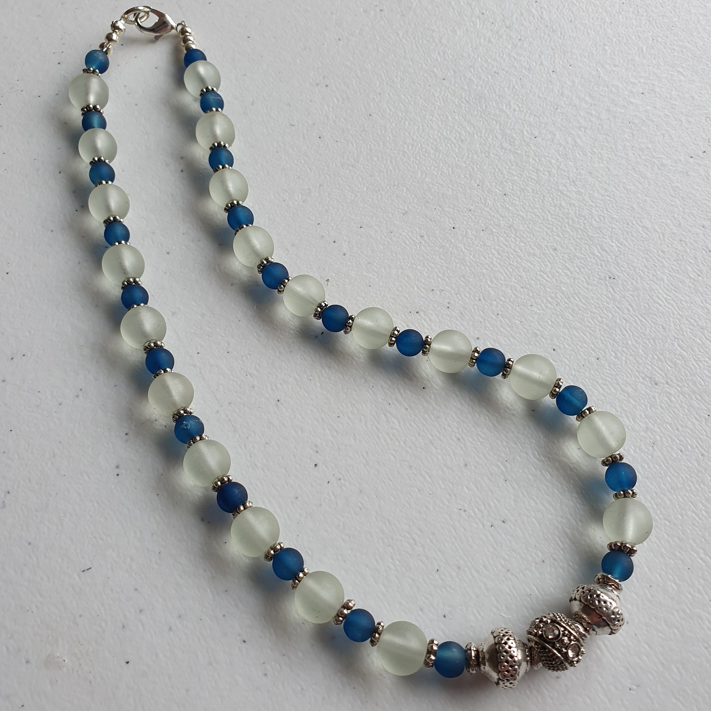 Teal Blue and Pale Blue Glass Beaded Necklace Bracelet - Etsy UK