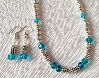 Teal blue & silver tone necklace earrings set, Teal blue crystal bead necklace, Teal blue bead earrings, Steel bead necklace, Gift for her