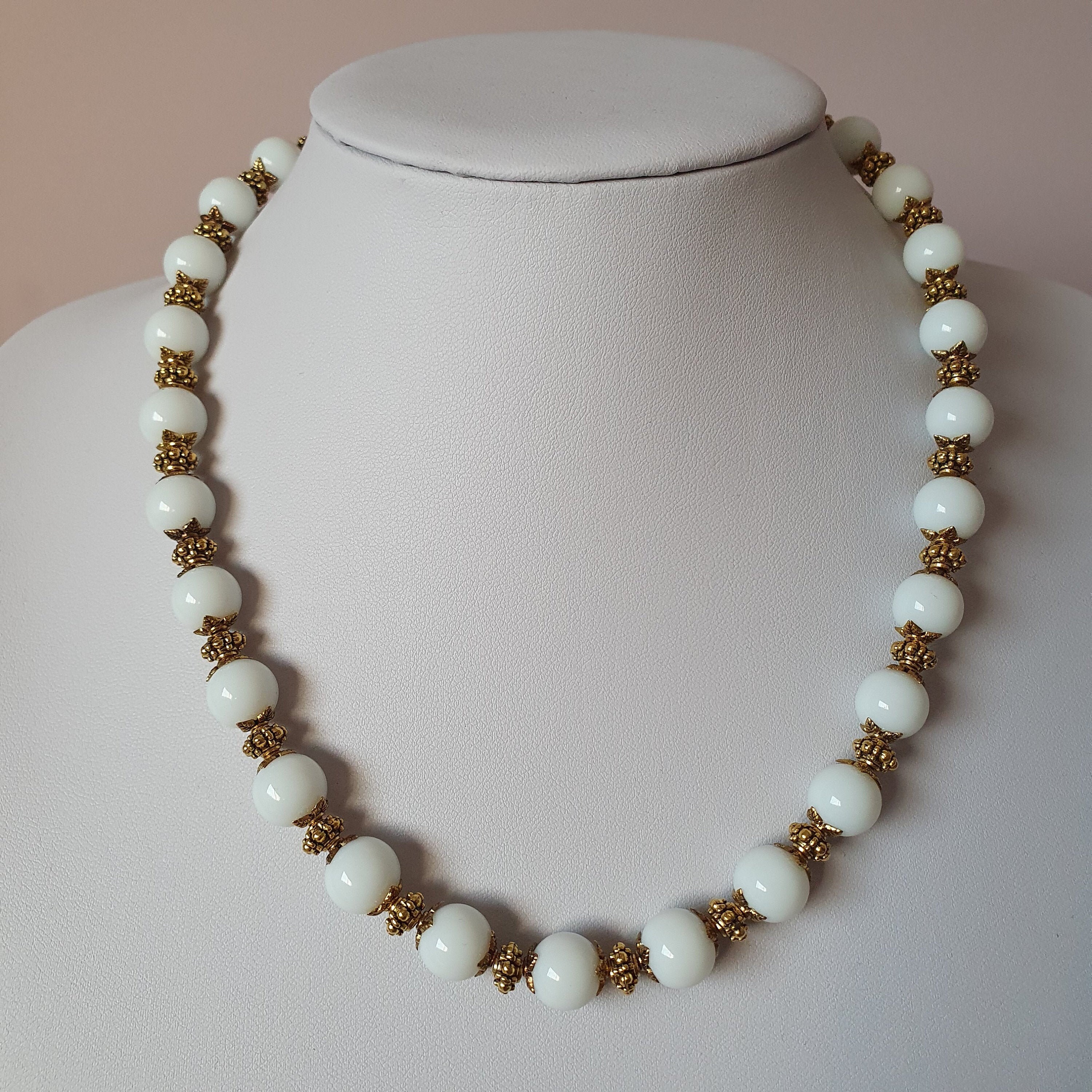 White and gold beaded necklace bracelet setWhite beaded | Etsy