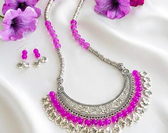 Fuchsia Pink Beaded Jewellery Set - Necklace and Earrings - Chunky crescent pendant