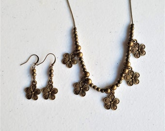 Bronze flower necklace earrings set, Bronze flower pendants, Bronze flower dangling earrings, Bronze jewellery for women, Bronze chain