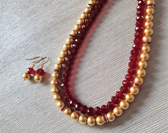 Golden pearl necklace earrings, Red and gold necklace earrings set, 2 strand layered necklace, Red crystal bead necklace, Gift for her