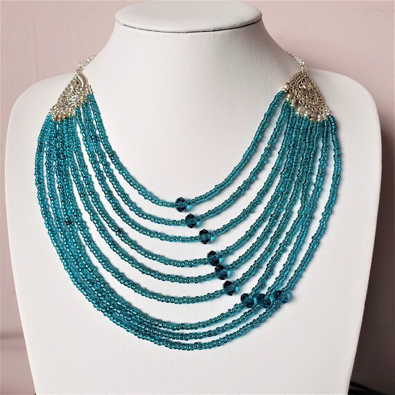 Teal Blue Seedbead Multistrand Layered Necklace Blue Statement