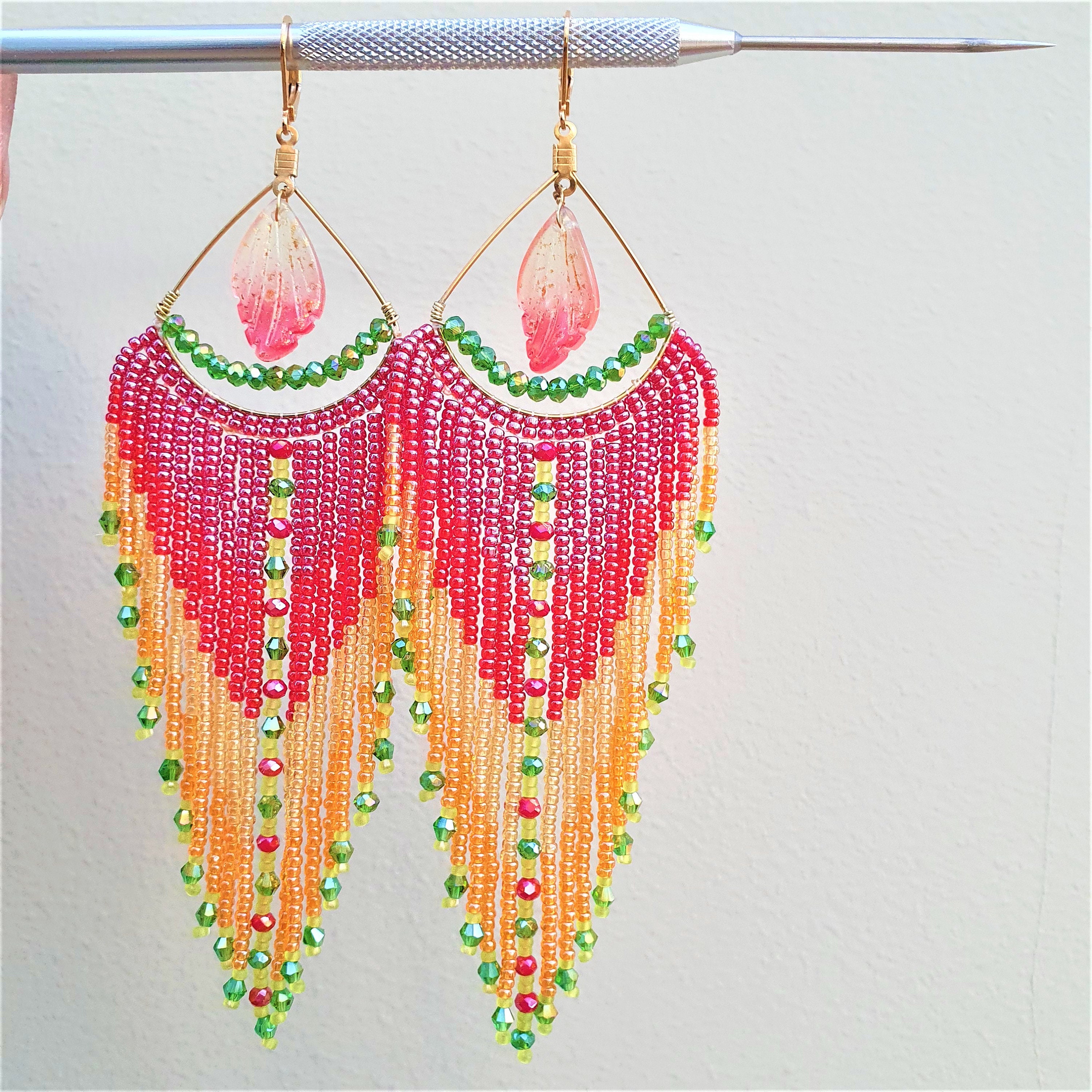 Red Green Orange Chandelier Earrings, Seedbead Long Fringe Earrings, Hoop Earrings, Earrings
