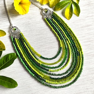 Green Seed Bead Multi-Strand Necklace: Ombré Boho Bib Statement
