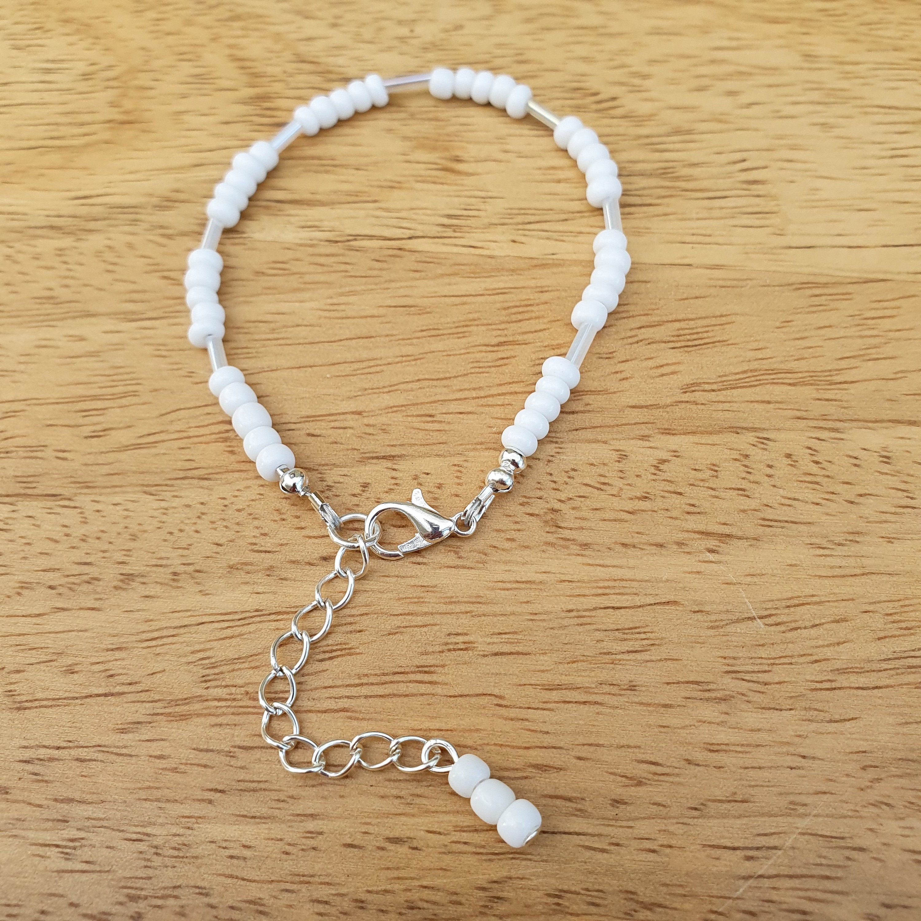White seedbead and buglebead long necklace and bracelet | Etsy