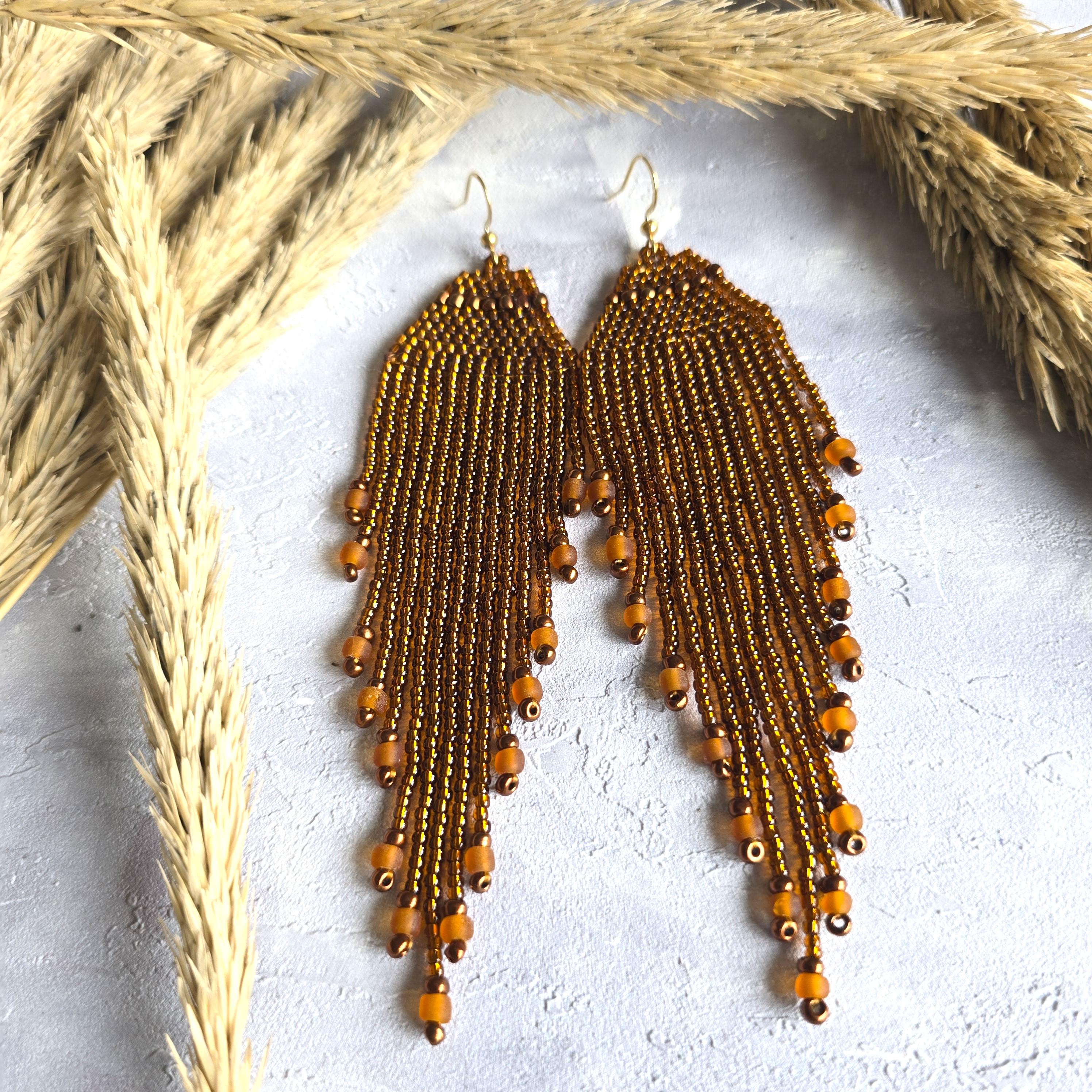 Golden Brown Beaded Fringe Earrings: Boho Tassel Jewelry  display picture 1