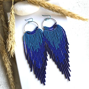 Blue Ombre Beaded Fringe Earrings: Long Boho Statement Jewelry