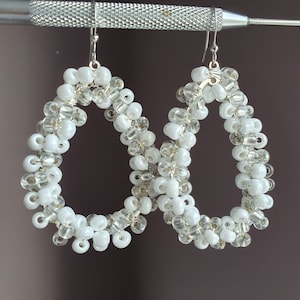 White Seedbead Teardrop Hoop Earrings: Silver Plated Earwires