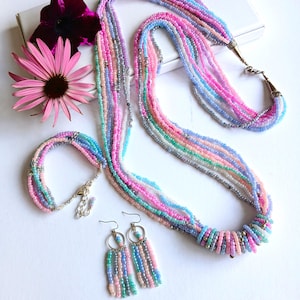 Pastel Seed Bead Jewelry Set: Multi-Strand Necklace, Bracelet & Earrings