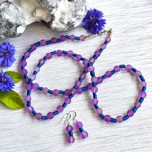 Purple & Blue Beaded Necklace Earring Set: Handmade Coil Beads, 31&quot; Statement Jewelry