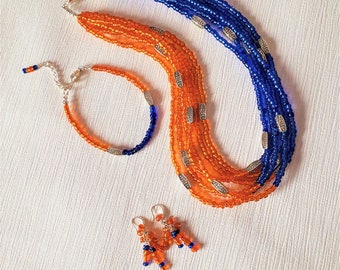 Blue and orange bead necklace bracelet earrings set, Seedbeads,  Multistrand,  Gift set for girlfriend