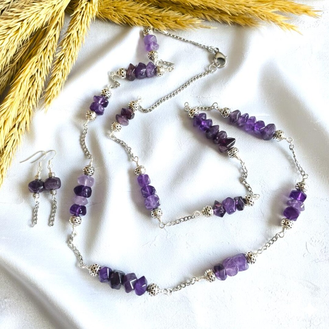 Amethyst Jewellery Set - Long Necklace, Bracelet & Earrings With ...