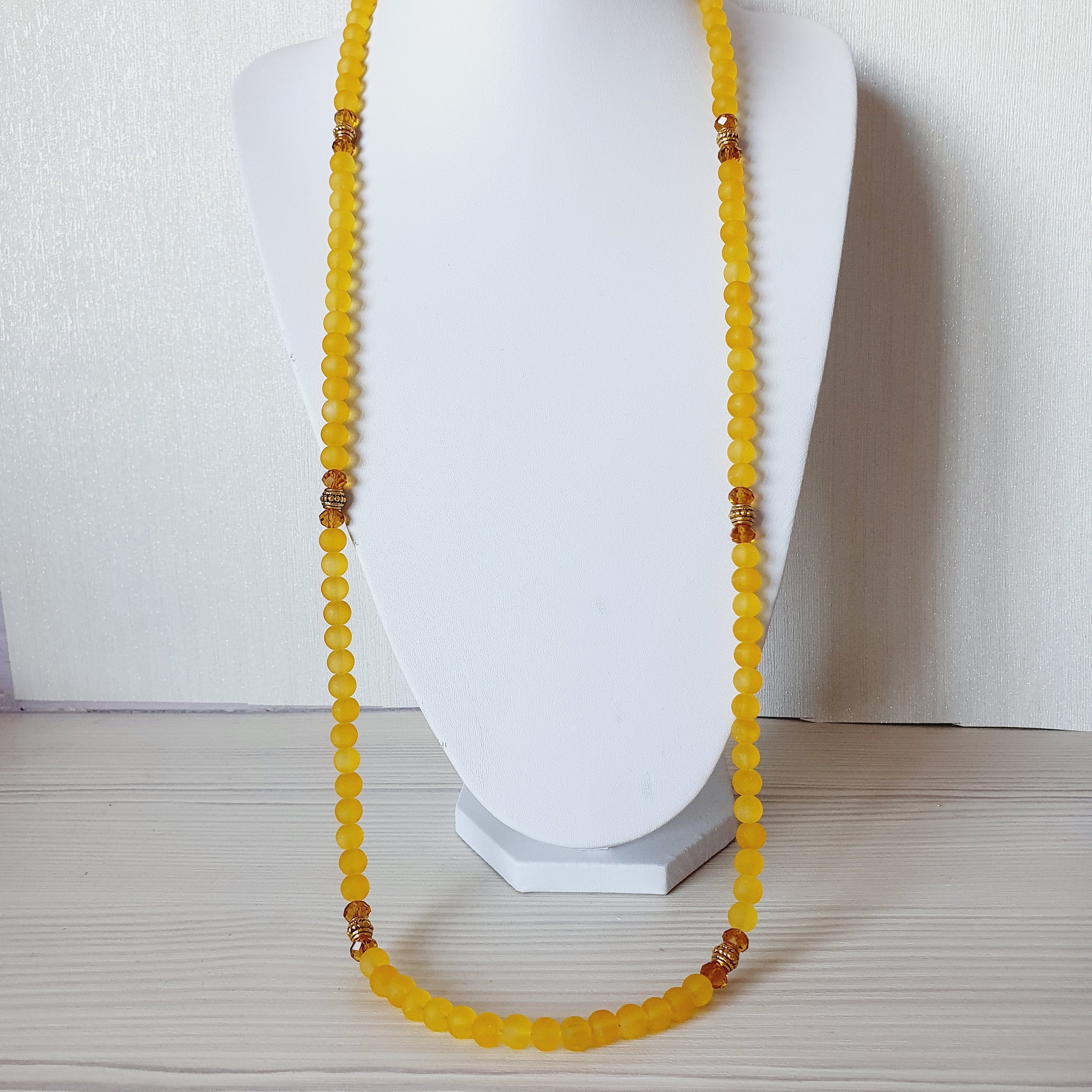 Mustard Yellow Long Necklace Yellow Frosted Glass Bead Etsy UK