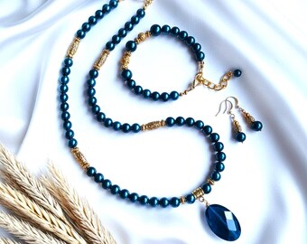 Teal Blue Pearl Jewelry Set - Pendant Necklace, Bracelet & Earrings - Gold Accents