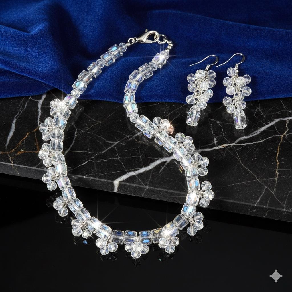 Crystal Cube Beaded Necklace and Earrings Set - Iridescent Party Jewelry
