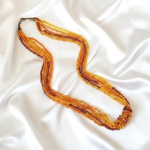 Orange Yellow Brown Beaded Long Necklace - Multi strand Seed Bead Jewellery