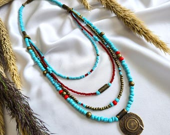 Turquoise blue & Red Beaded Multi-Strand Necklace with Bronze Pendant | Layered Boho Jewelry 16''–20.5''