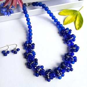 Royal Blue Beaded Jewelry Set: Handmade Cluster Necklace & Earrings