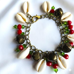 Charm Bracelet with Cowrie Shells, Jingle Bells & Beads | Festive Holiday Bracelet
