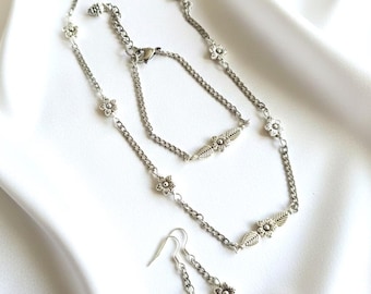 Silver Floral Jewelry Set - Stainless Steel Necklace, Bracelet & Earrings