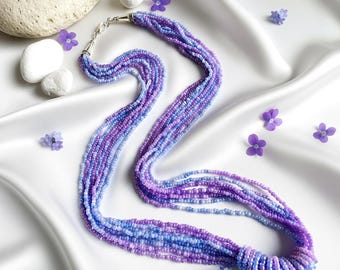 Purple & Blue Multi Strand Beaded Necklace - 36 inch Long Seed Bead Jewellery