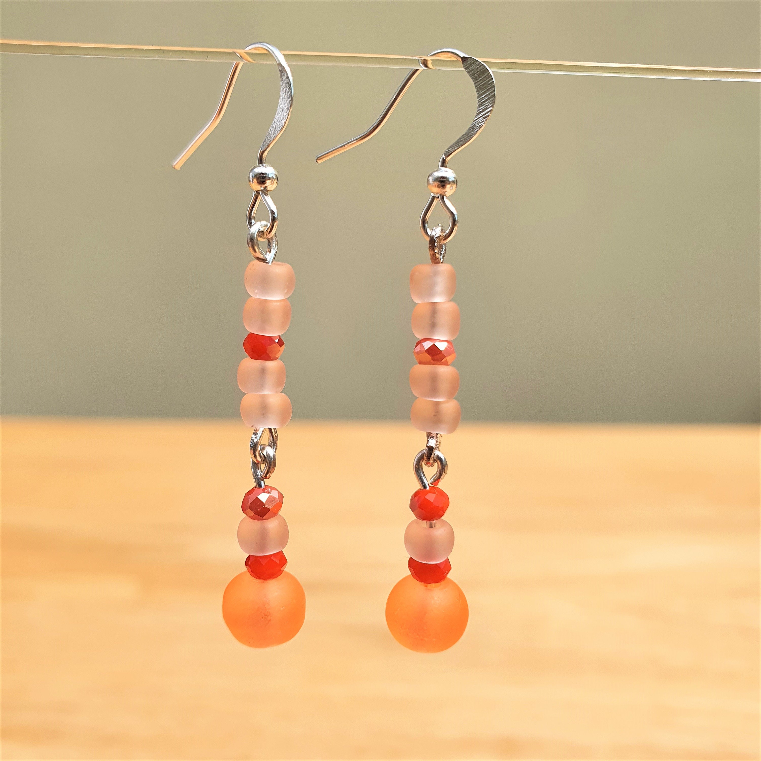 Orange Multistrand Necklace Earrings Set, Neon Orange Beaded Dangling