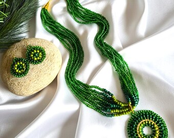 Green Beaded Necklace & Earrings Set - Handwoven Multi-strand Boho Jewelry