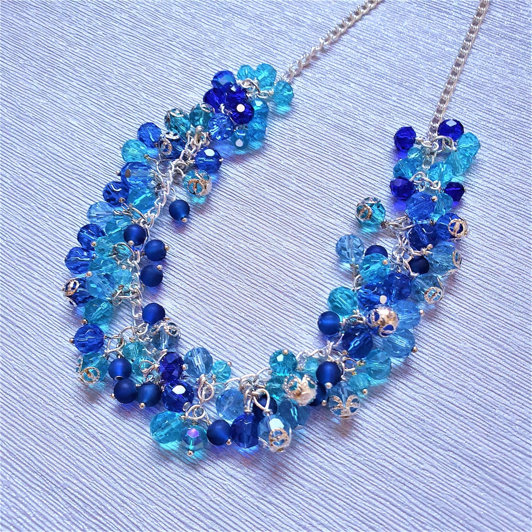 Blue Cluster Bead Necklace, Blue Sparkling Necklace, Blue Crystal Bead