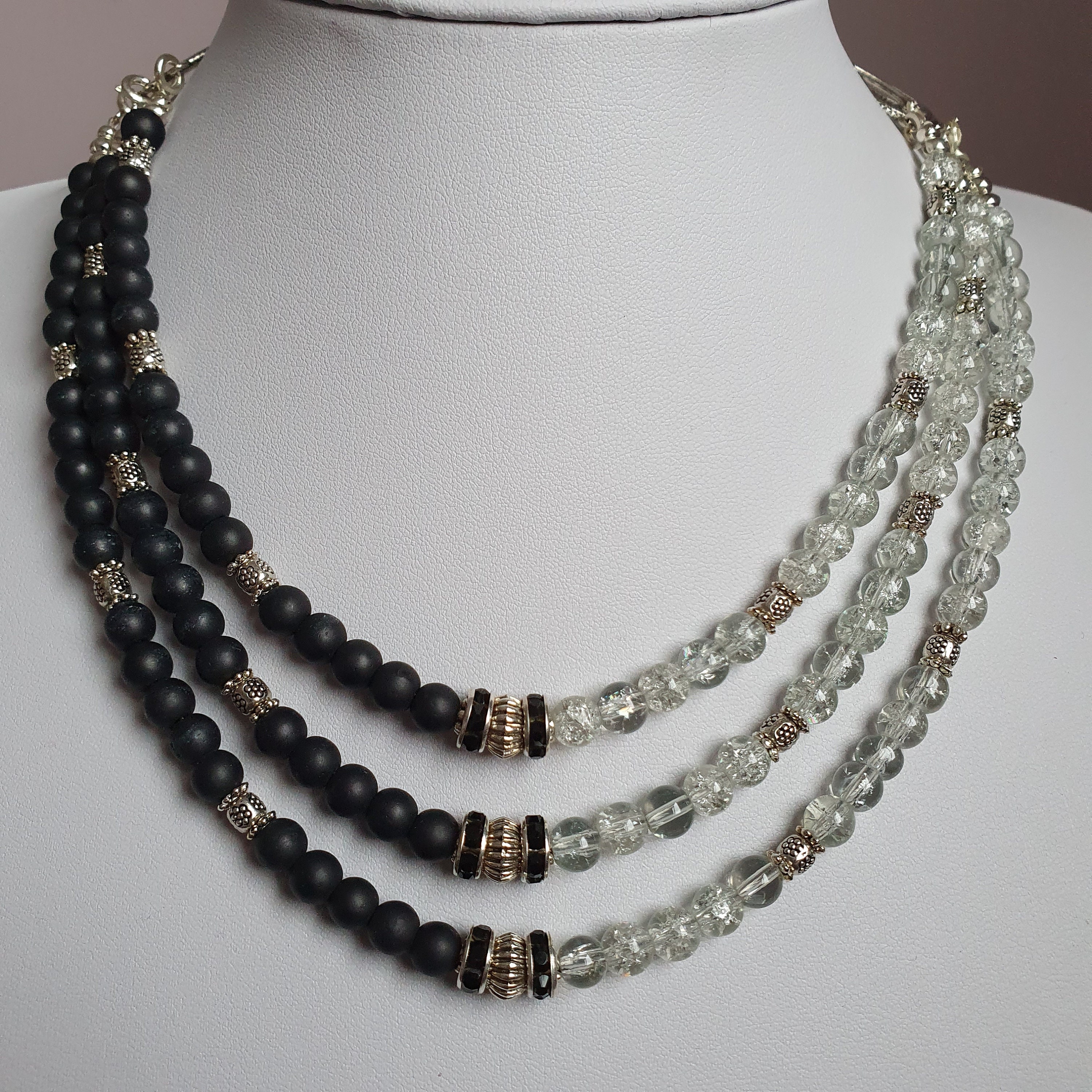 Black beaded jewellery setMultistrand necklace earrings Etsy