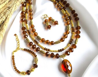 Brown and Gold Beaded Jewellery Set – MultiStrand Pendant Necklace, Bracelet, Drop Earrings
