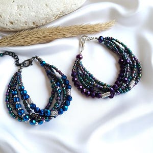 Iridescent Purple and Blue Beaded Bracelets - Boho Multi-strand Jewellery