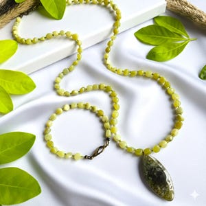 Lemon Jade Long Necklace & Bracelet Set | Tsavorite Garnet Pendant | Beaded Gemstone Jewellery