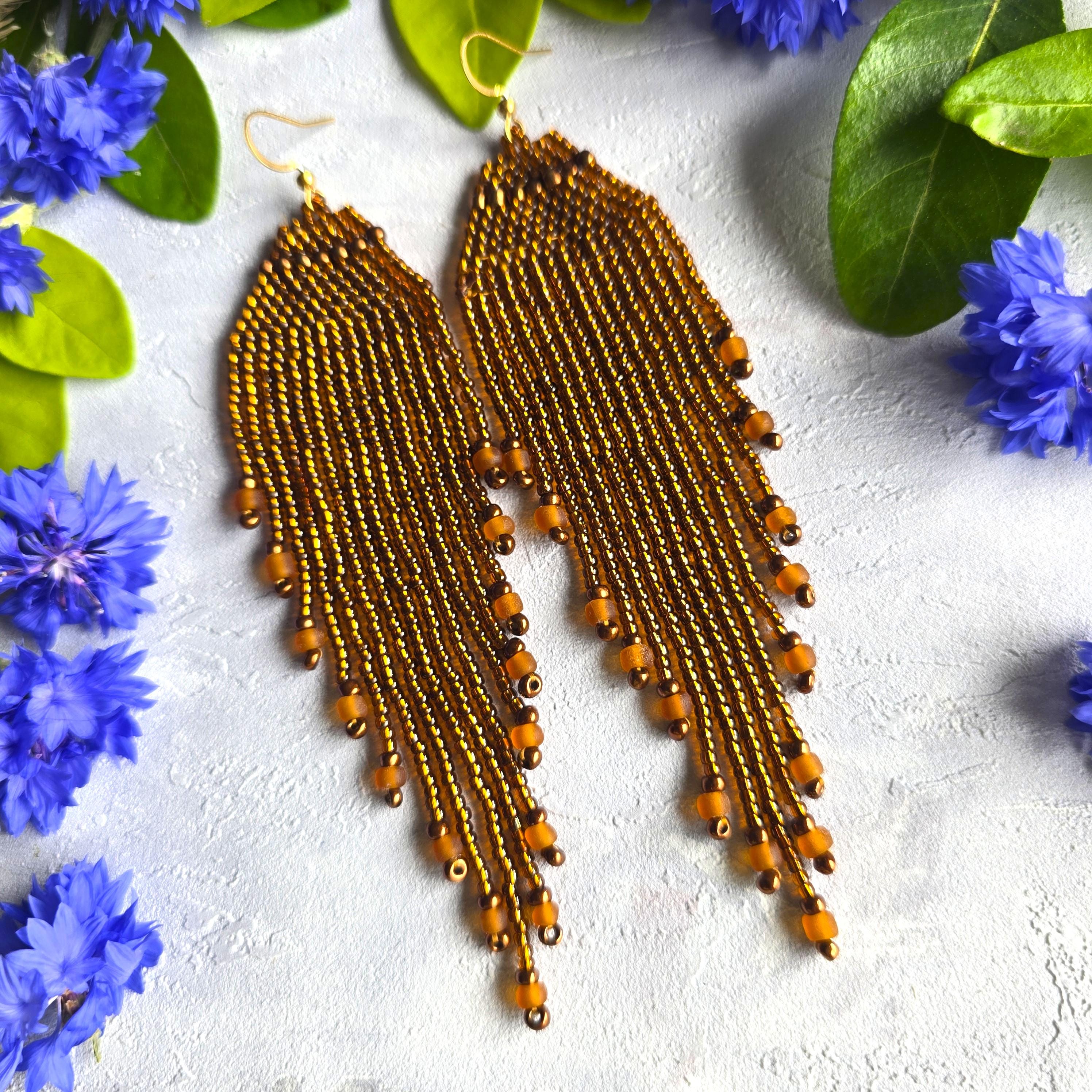 Golden Brown Beaded Fringe Earrings: Boho Tassel Jewelry 