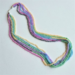 Pastel Seed Bead Long Necklace: Multistrand 35 Inch Necklace