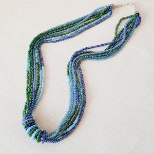 Blue Green Seed Bead Necklace: Multistrand Boho Style, 30 Inch